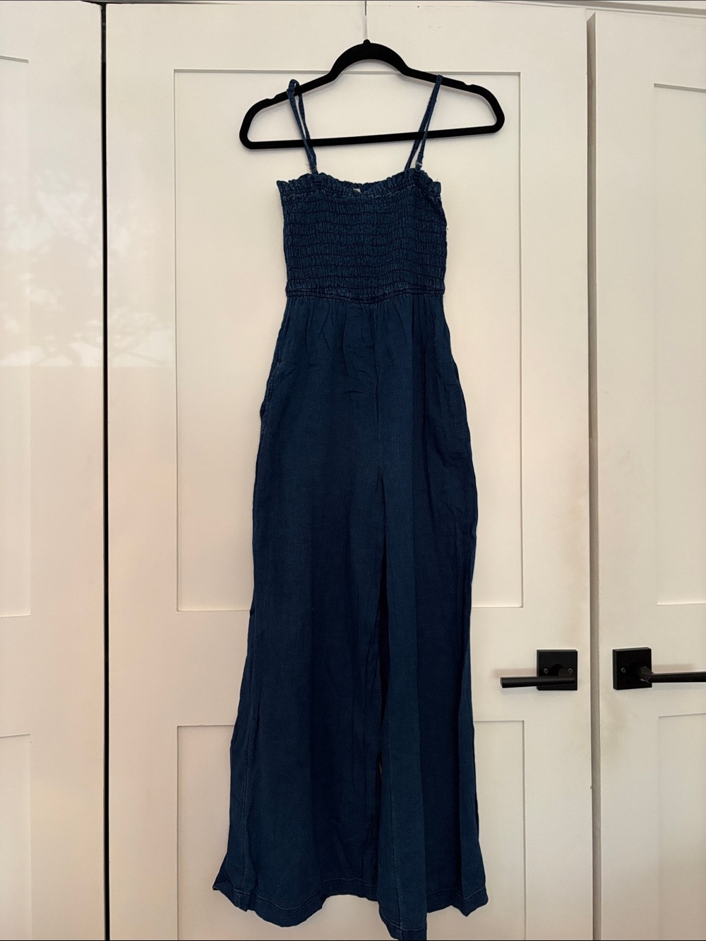Smocked Bodice Wide-Leg Jumpsuit — Navy Blue